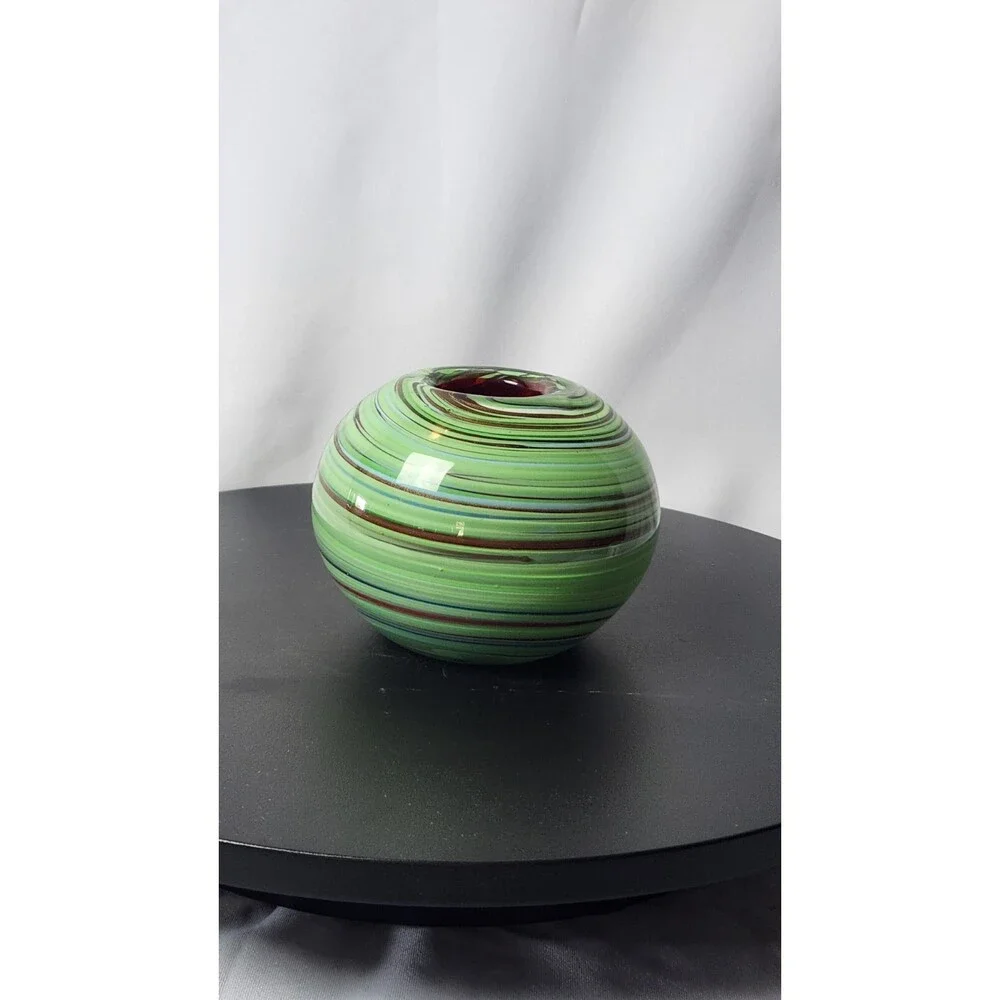 VINTAGE GLASS VASE GREEN, AVENTURINE GOLD SWIRLS With RED LINING By Dept. 56